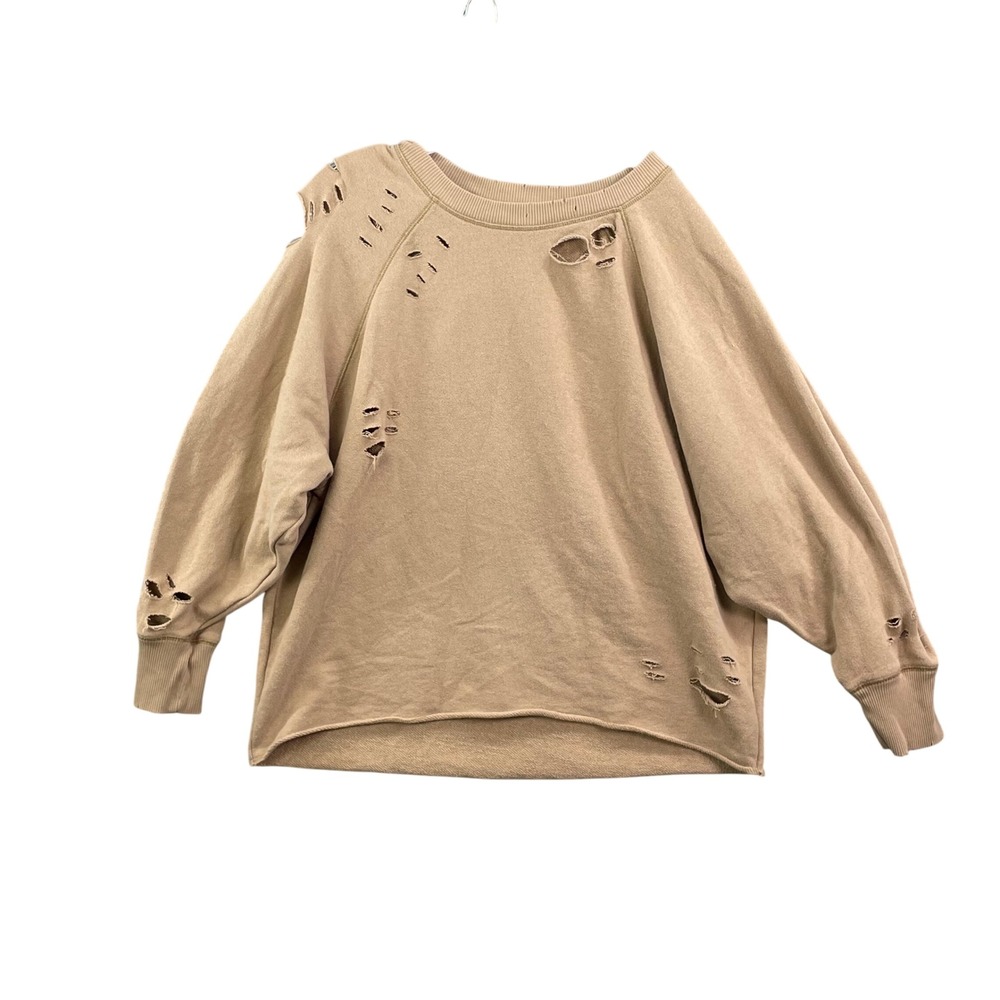 Aerie Sweatshirt‎ Womens Large Tan Distressed Ripped Oversized Pullover Fleece